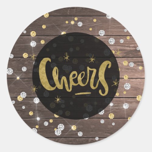 CHEERS Christmas New Years Wood Silver Gold Dots Classic Round Sticker