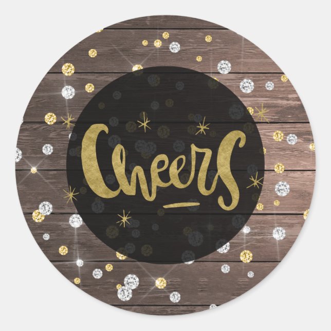 CHEERS Christmas New Years Wood Silver Gold Dots Classic Round Sticker (Front)