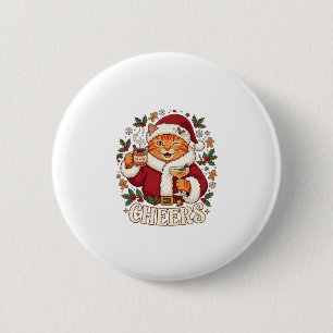 Cheers Christmas Orange Cat Santa Hat Drinks Ginge Button