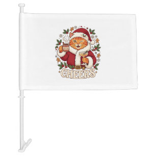 Cheers Christmas Orange Cat Santa Hat Drinks Ginge Car Flag