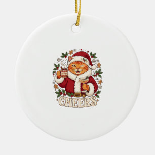 Cheers Christmas Orange Cat Santa Hat Drinks Ginge Ceramic Ornament