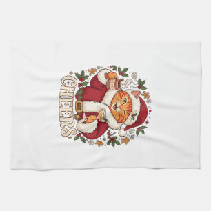 Cheers Christmas Orange Cat Santa Hat Drinks Ginge Kitchen Towel