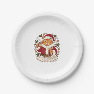 Cheers Christmas Orange Cat Santa Hat Drinks Ginge Paper Plates