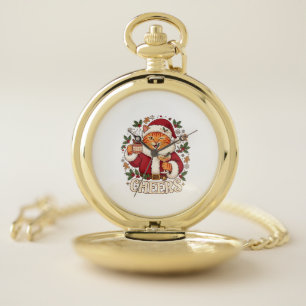 Cheers Christmas Orange Cat Santa Hat Drinks Ginge Pocket Watch