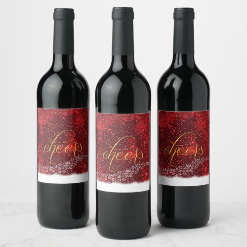 Cheers Christmas Red White Snowflakes  Wine Label