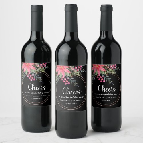 Cheers Christmas Rustic Floral Pink Wine Label