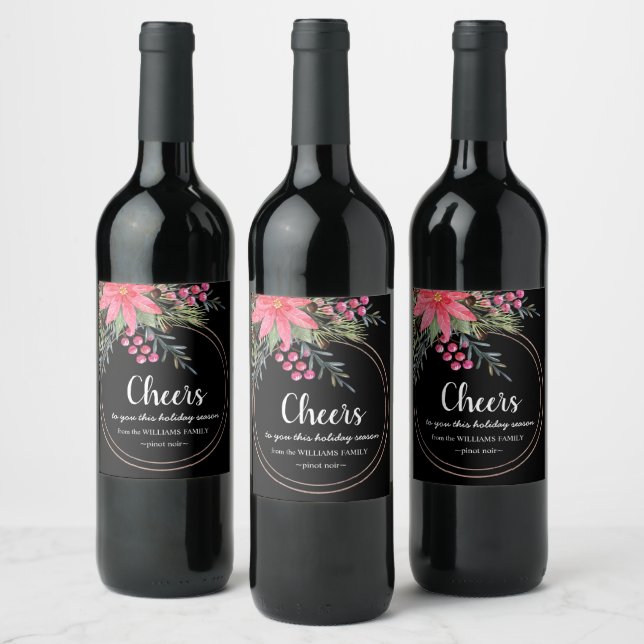 Cheers Christmas Rustic Floral Pink Wine Label (Bottles)