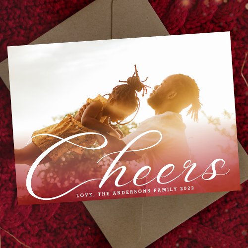 CHEERS Classic Lettering Red Gradient Photo Holiday Card
