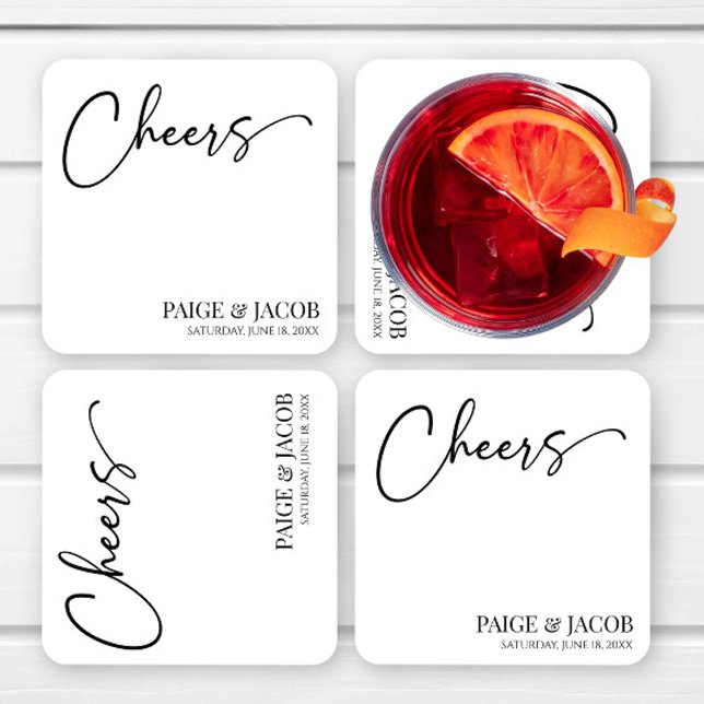 Cheers Classic Modern Minimal Minimalist Wedding Square Paper Coaster (Creator Uploaded)