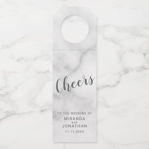 Cheers Classy Elegant Script Marble Wedding Bottle Hanger Tag