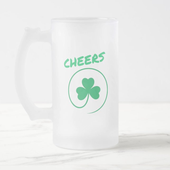 Cheers, Clover, Shamrock, Irish Green, St Patricks Frosted Glass Beer Mug (Left)