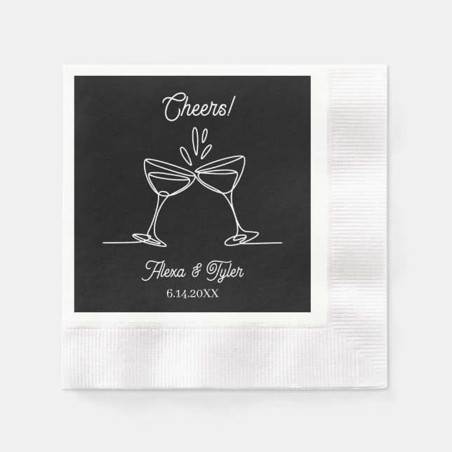 Cheers | Cocktail Line Art Black and White Wedding Napkins (Front)