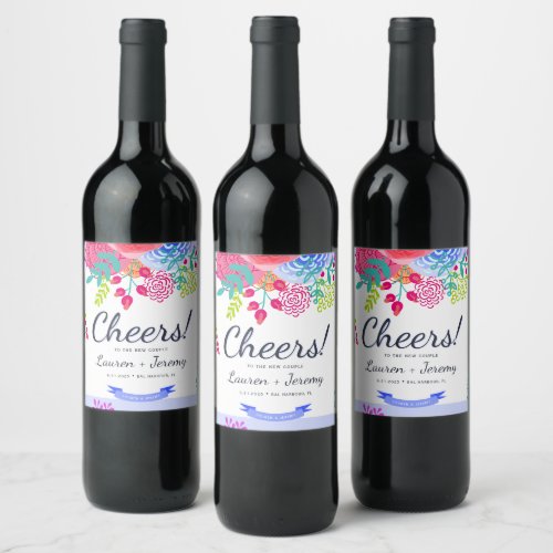 Cheers Colorful Bold Spring Floral Sketch Bouquet Wine Label