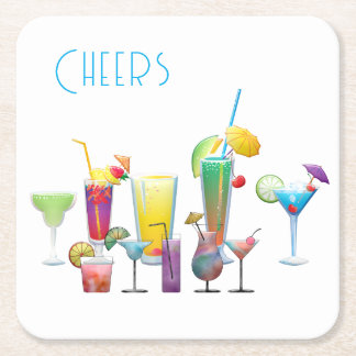 Cheers, Colorful Cocktails Fun Square Paper Coaster
