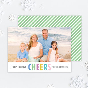 Cheers Colorful Typography Green Stripes Photo Holiday Card