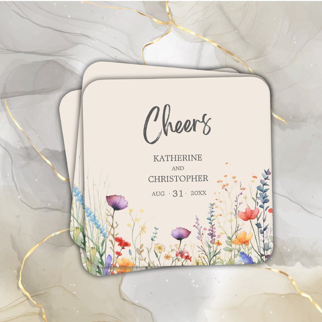 Cheers Colorful Wildflowers Elegant Beige Wedding Square Paper Coaster (Cheers Wedding Coaster with Colorful Wildflowers in purple, orange, and red with a beige background.)