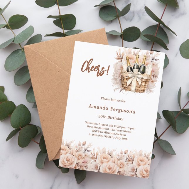 Cheers cream roses florals luxury birthday invitation (Creator Uploaded)