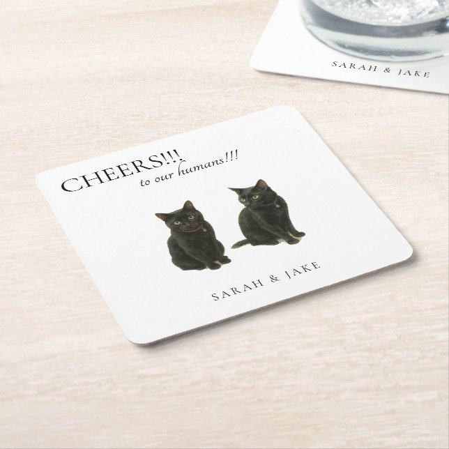 Cheers Custom 2 Cats Black Text Wedding Square Paper Coaster (Angled)