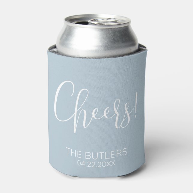 Cheers! Custom Dusty Blue Wedding Can Cooler (Can Front)