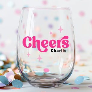 Cheers custom name pink retro stars stemless wine glass