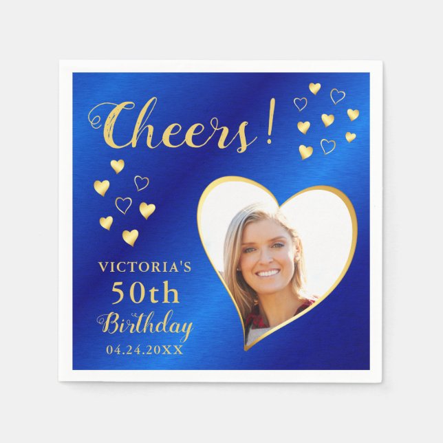 Cheers Custom Photo Blue and Gold 50th Birthday Napkins (Front)