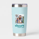 Cheers, custom photo, green 40th birthday insulated tumbler<br><div class="desc">A simple,  modern style drawing inspiration from cool retro lettering and mid-century minimalism. Teal green background,  and the text reads "cheers to forty years". Personalize it with a photo of the guest of honor.</div>