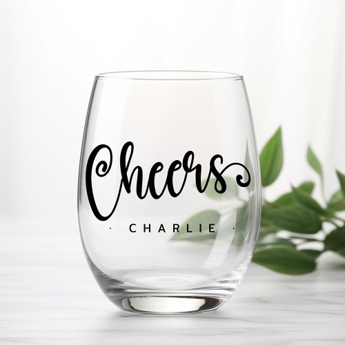 Cheers cute script custom name stemless wine glass