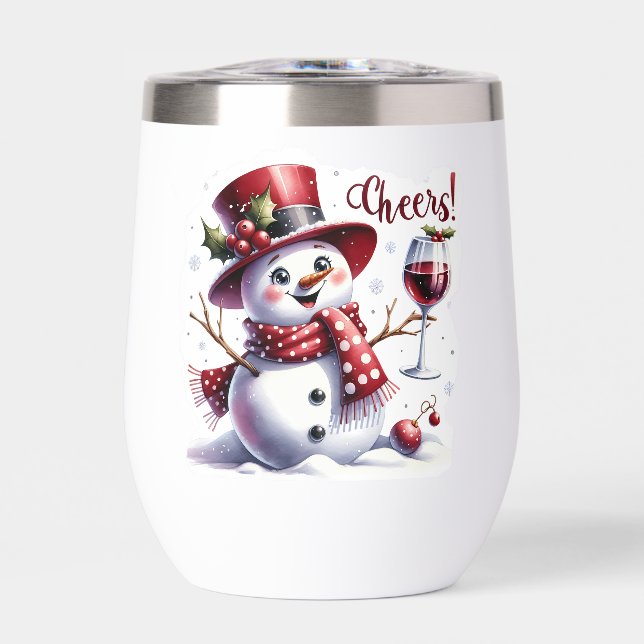 Cheers cute snowman drinking wine personalized  thermal wine tumbler (Front)