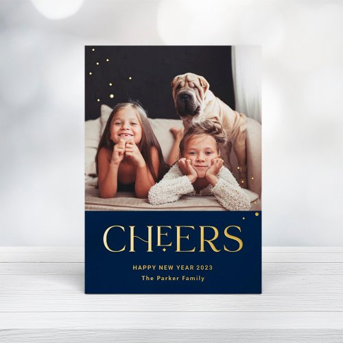 Cheers  Decorative Text Happy New Year Photo Foil Holiday Card