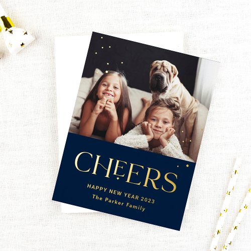 Cheers  Decorative Text Happy New Year Photo Foil Holiday Postcard