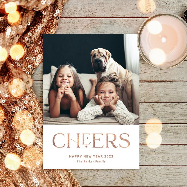 Cheers | Decorative Text Happy New Year Two Photo Holiday Card (Creator Uploaded)