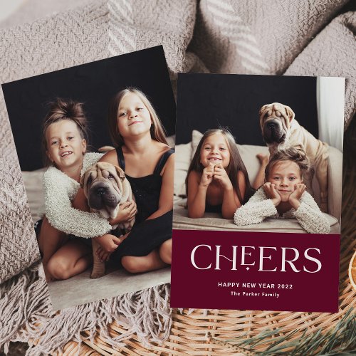 Cheers  Decorative Text Happy New Year Two Photo Holiday Card