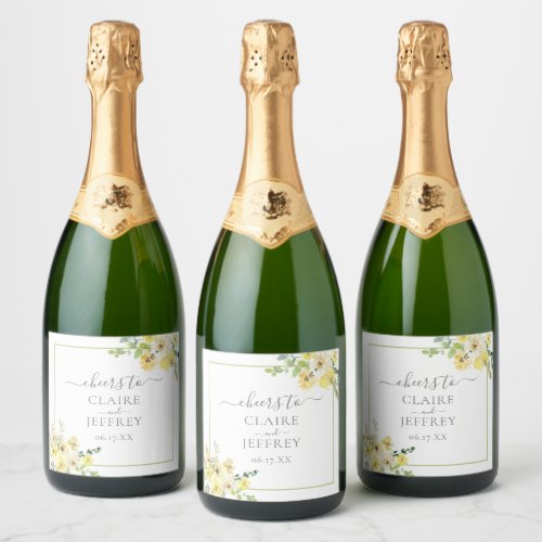Cheers Delicate Yellow Floral Sage Green Wedding Sparkling Wine Label