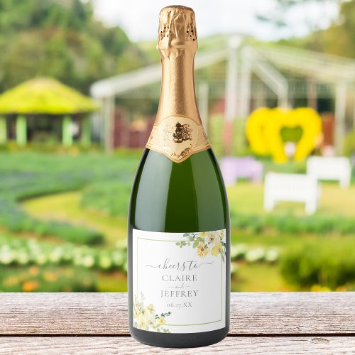 Cheers Delicate Yellow Floral Sage Green Wedding Sparkling Wine Label