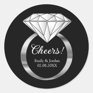 Cheers Diamond Wedding Ring Custom Text Black Classic Round Sticker