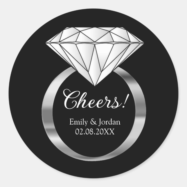 Cheers Diamond Wedding Ring Custom Text Black Classic Round Sticker (Front)