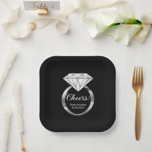 Cheers Diamond Wedding Ring Custom Text Black Paper Plates
