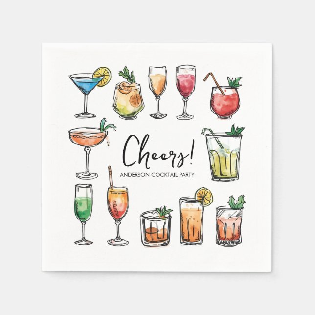 Cheers Doodle Drawing Holiday Cocktail Party Napkins (Front)