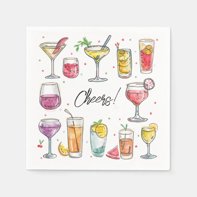 Cheers Drink Doodles Cocktail Napkins (Front)