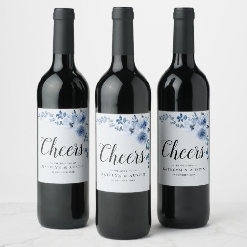 CHEERS  dusty blue floral wedding Wine Label