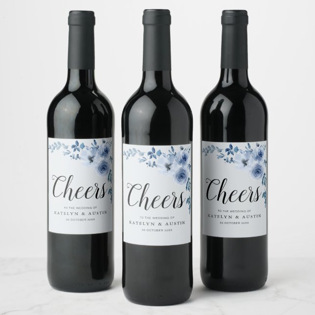CHEERS | dusty blue floral wedding Wine Label (Bottles)