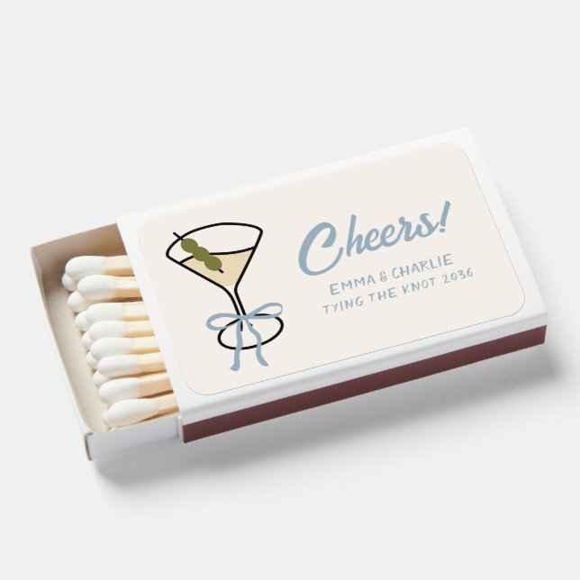 Cheers Dusty Blue Personalized Engagement Party Matchboxes (Front Open)