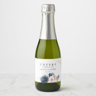 Cheers Dusty Blue, Pink Floral Wedding Modern Sparkling Wine Label