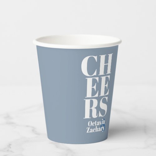 Cheers Dusty Blue White Modern Typography Wedding  Paper Cups