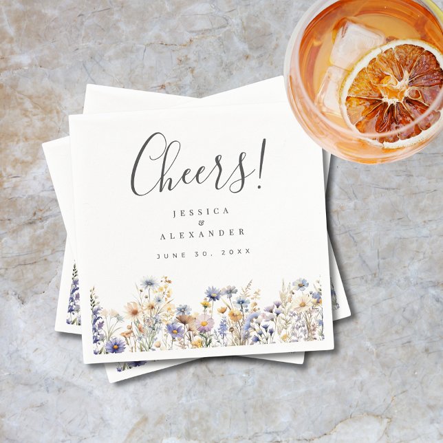 Cheers Dusty Blue Wildflowers Elegant Wedding Napkins (Cheers Dusty Blue Watercolor Wildflowers Elegant Wedding Cocktail Napkin with Wedding Details.)