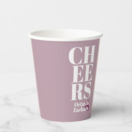Cheers Dusty Purple White Modern Typography Custom Paper Cups