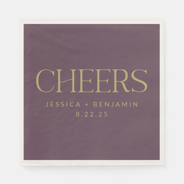 Cheers Elegant Aubergine Gold Typography Wedding Napkins (Front)