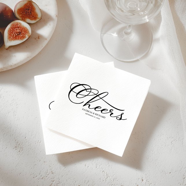 Cheers - Elegant Black and White Script  Wedding Napkins (Creator Uploaded)