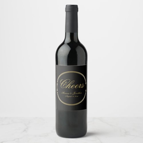 Cheers Elegant Black Gold Calligraphy Wedding Wine Label