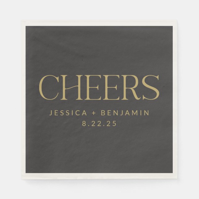 Cheers Elegant Black with Gold Typography Wedding Napkins (Front)